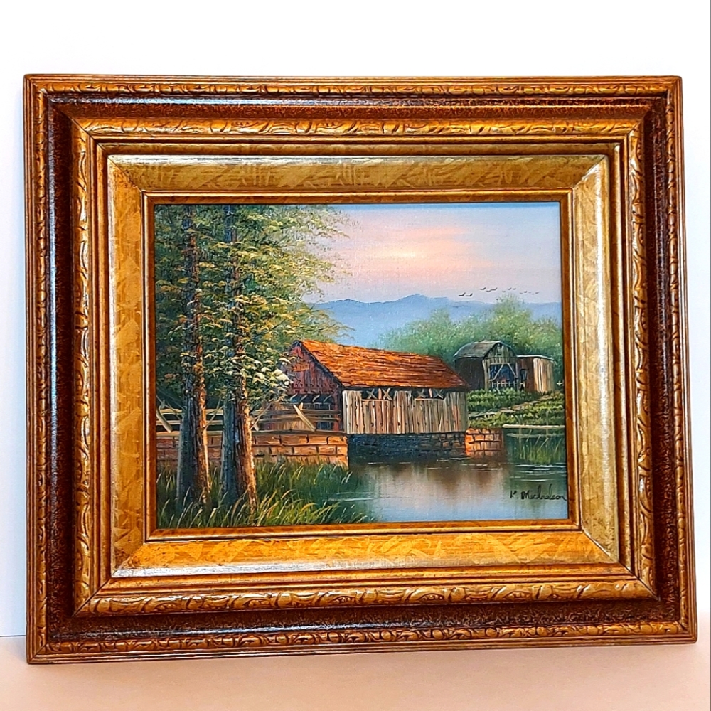 Vintage Oil Painting "Covered Bridge Scene" signed K. Michaelson, Original Frame